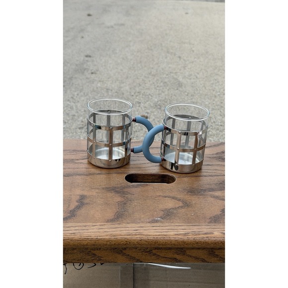 Alessi 18/10 Stainless Glass Mug Cup Set of 2 Blue Handles Italy - Picture 2 of 8